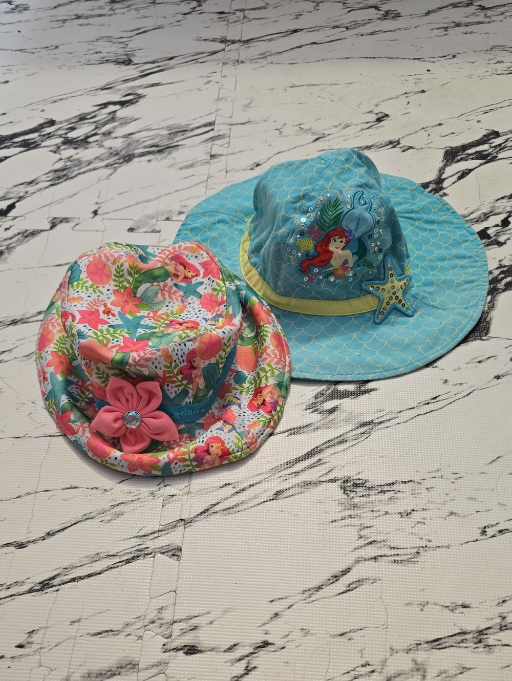 Disney Little Mermaid Girls Sun Hats - Pink Floral & Aqua Mermaid Size 3-6